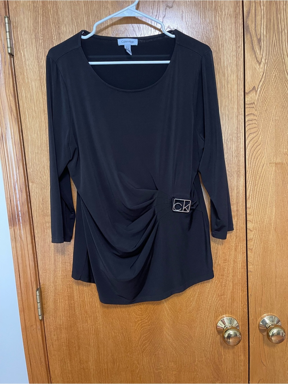 Calvin Klein Black Ruched Scoop Neck Long Sleeve Top with CK Accent